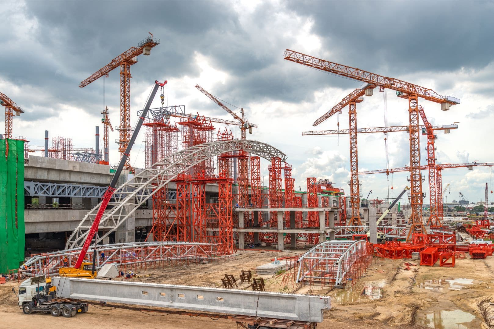 Construction Cranes Working on Expressway and Skytrain Site in A